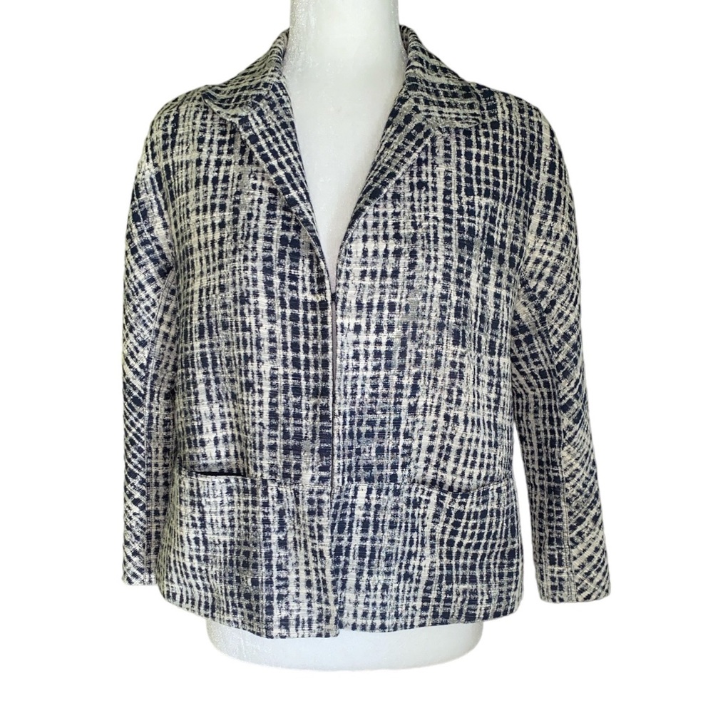 Lafayette 148 Navy Blue & Cream Textured Cotton Blend Cropped Blazer - 6